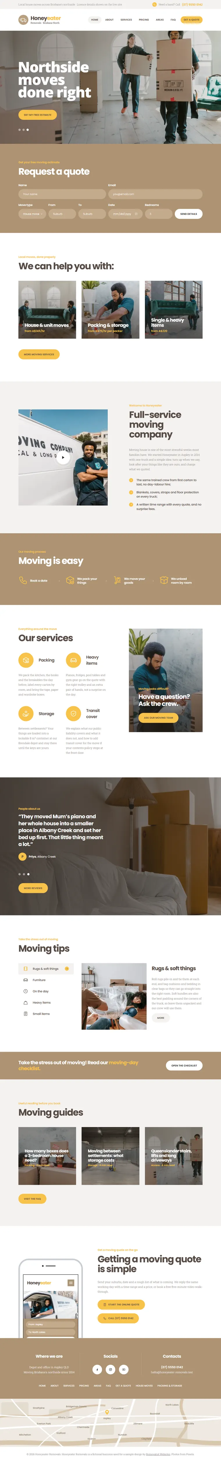 Full home page of the Honeyeater Removals removalists website design