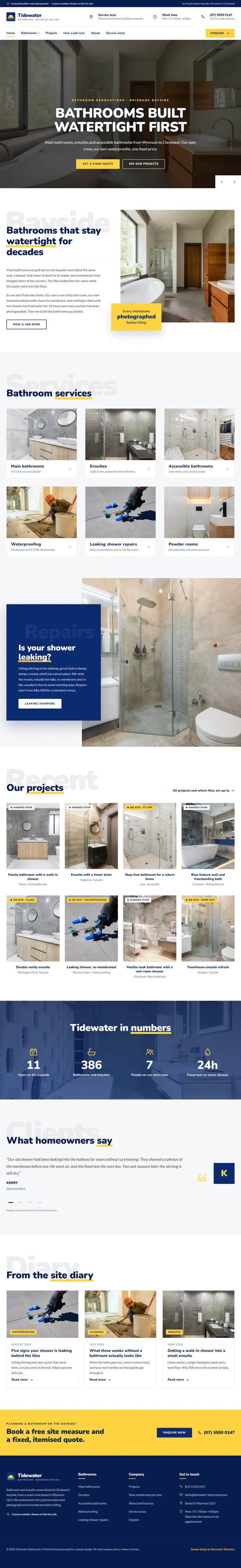 Full home page of the Tidewater Bathrooms renovation website design