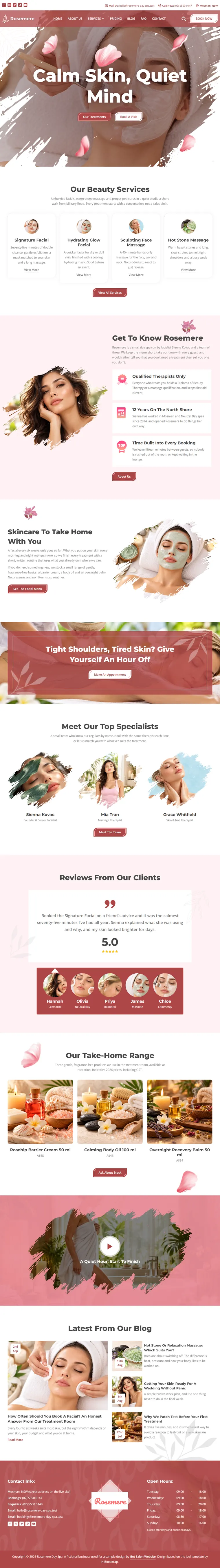 Full home page of the Rosemere Day Spa salons & spas website design