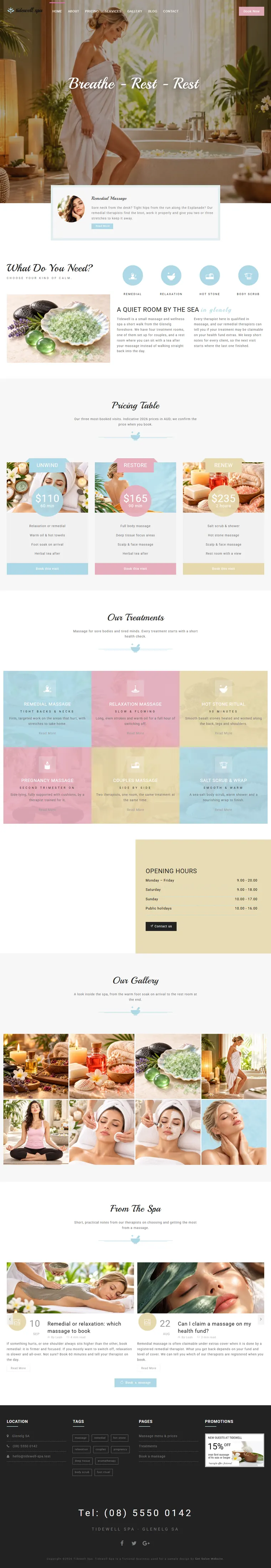 Full home page of the Tidewell Spa salons & spas website design