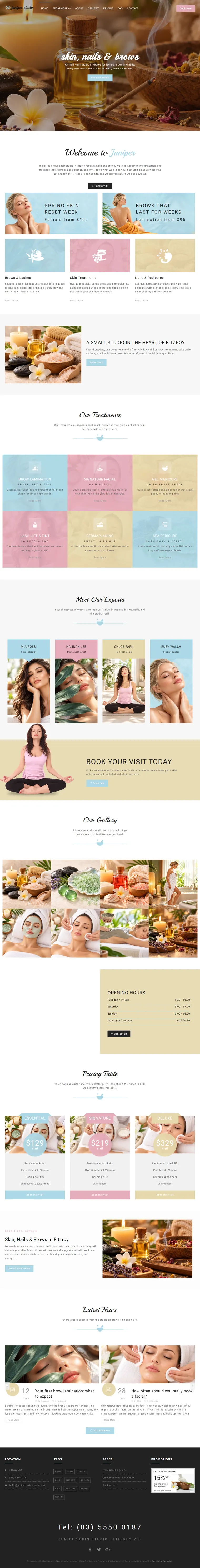 Full home page of the Juniper Skin Studio salons & spas website design