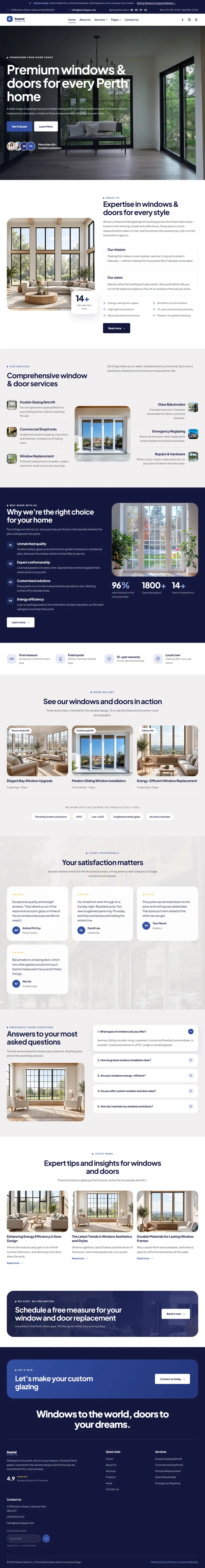Full home page of the Kestrel Glass Co. windows & doors website design