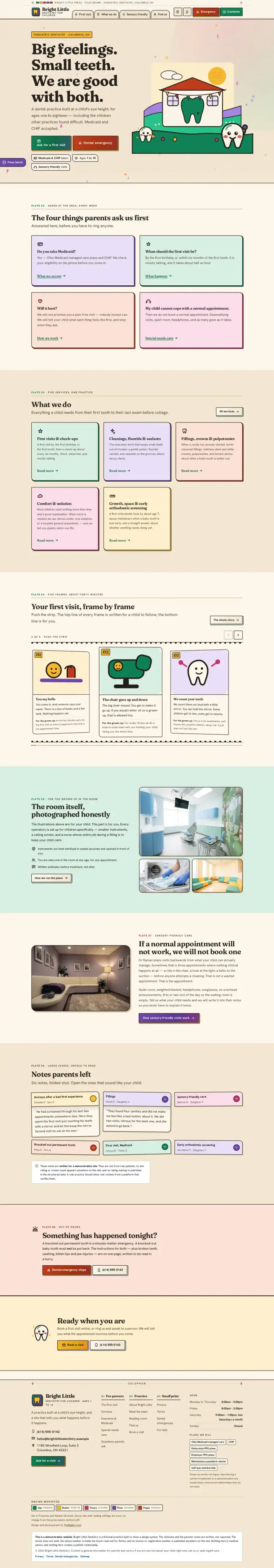 Full home page of the Bright Little Dentistry dental website design
