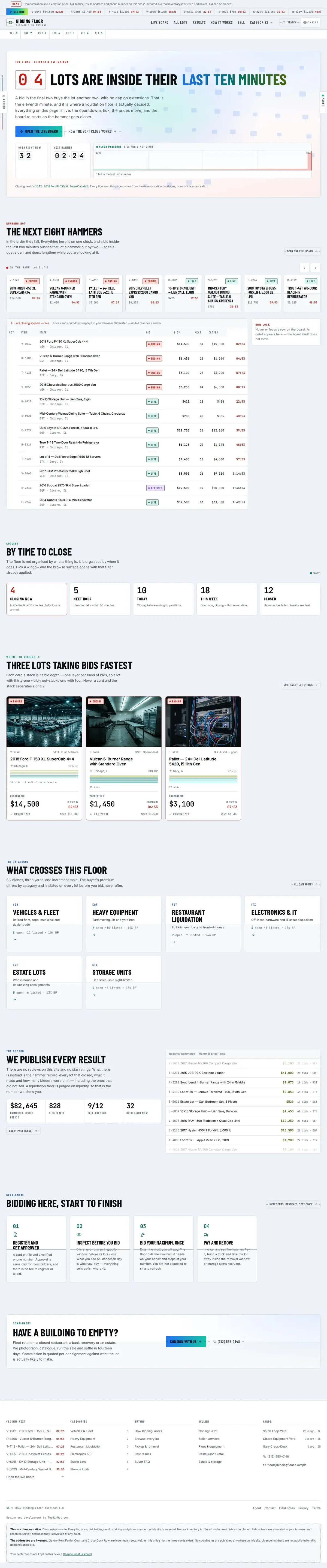 The home page of the Bidding Floor auction website design