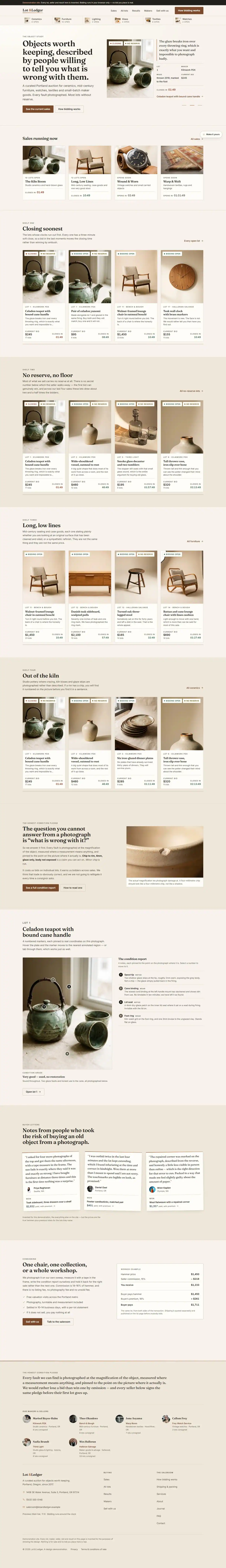 The home page of the Lot & Ledger auction website design