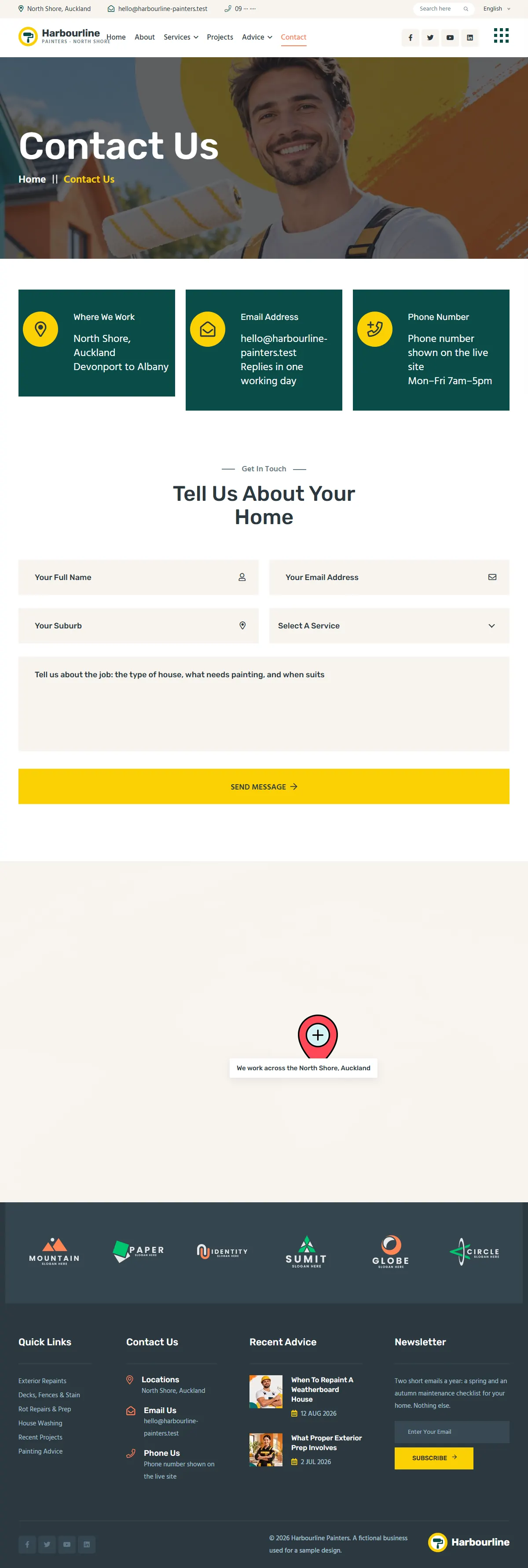 The contact page of the Harbourline Painters painting website design