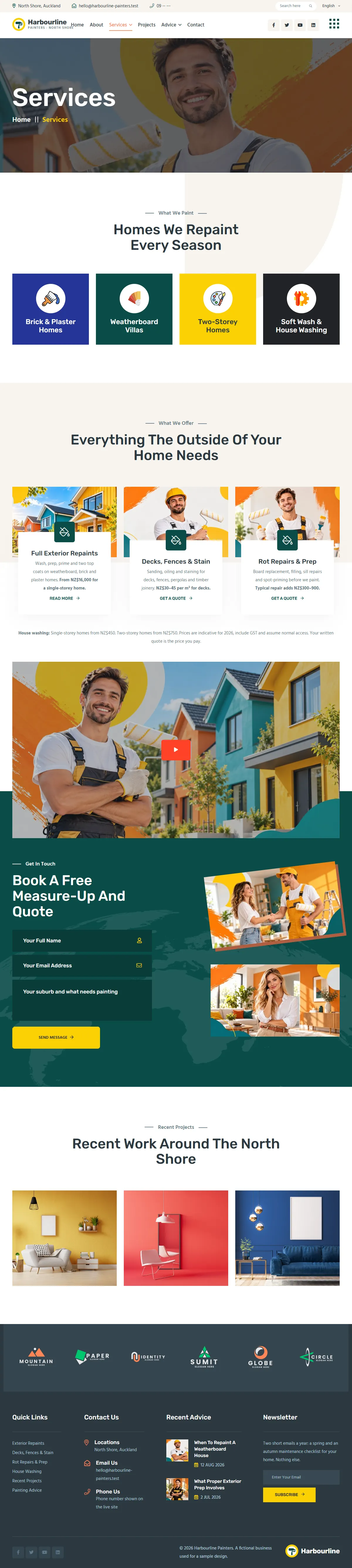 The services page of the Harbourline Painters painting website design