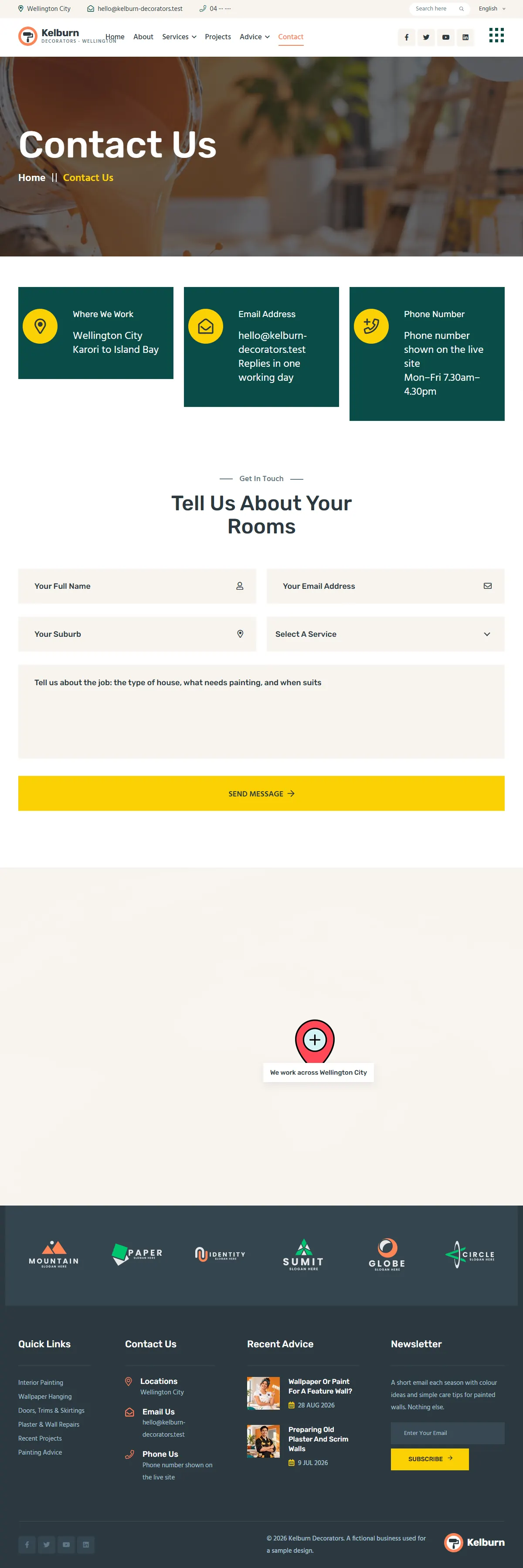 The contact page of the Kelburn Decorators painting website design
