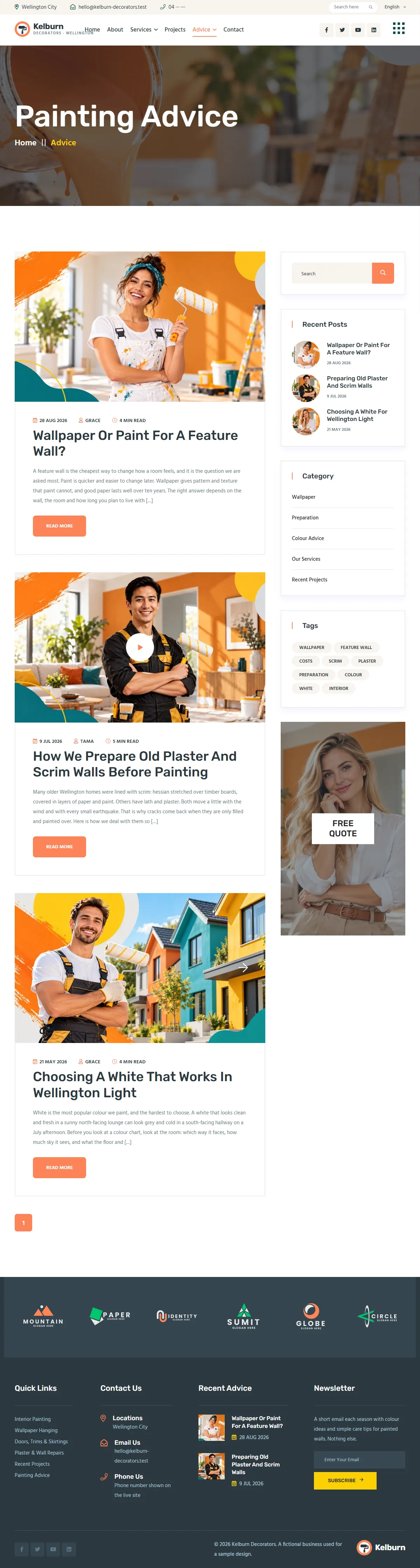 The news page of the Kelburn Decorators painting website design