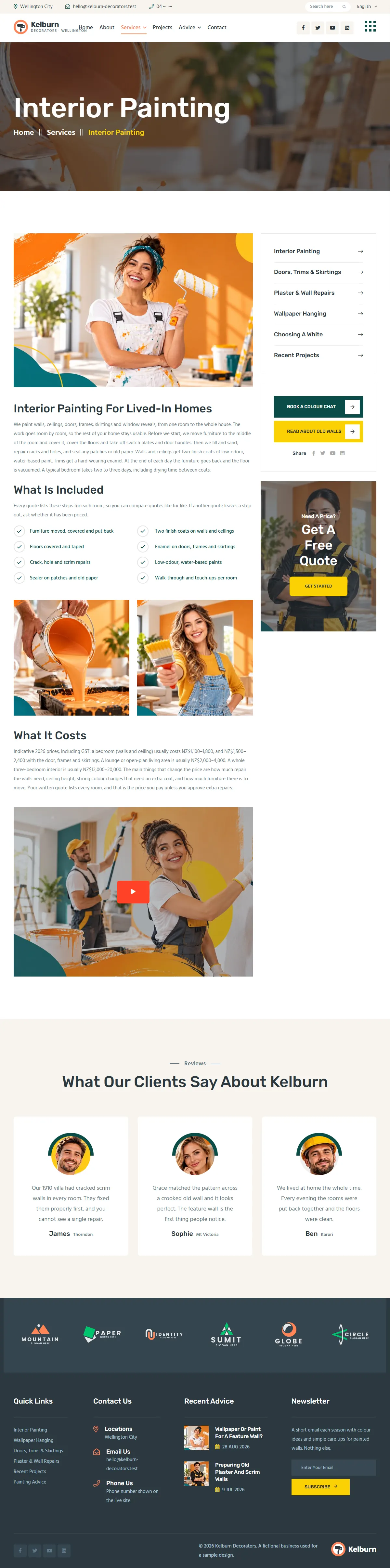 The interior painting page of the Kelburn Decorators painting website design
