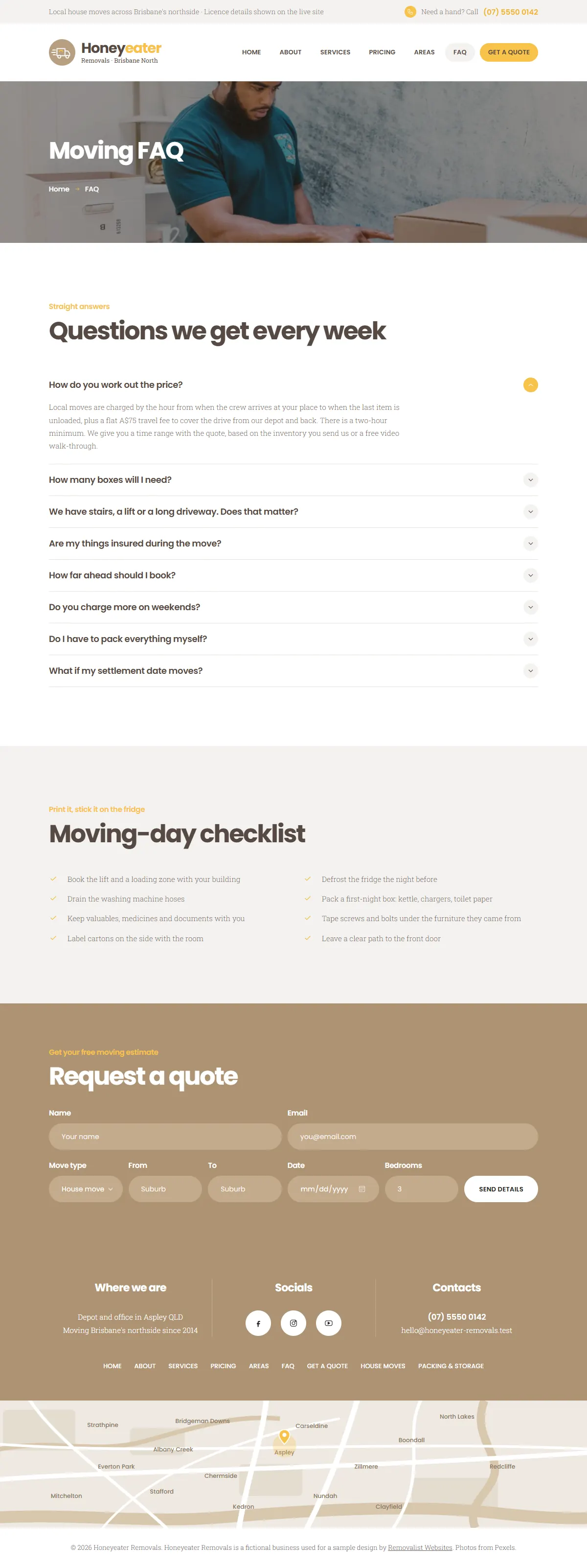 The faq page of the Honeyeater Removals removalists website design
