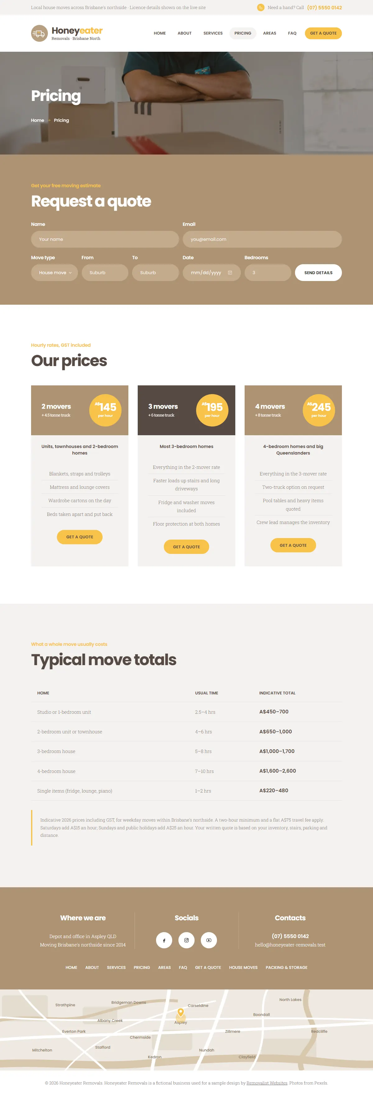 The pricing page of the Honeyeater Removals removalists website design