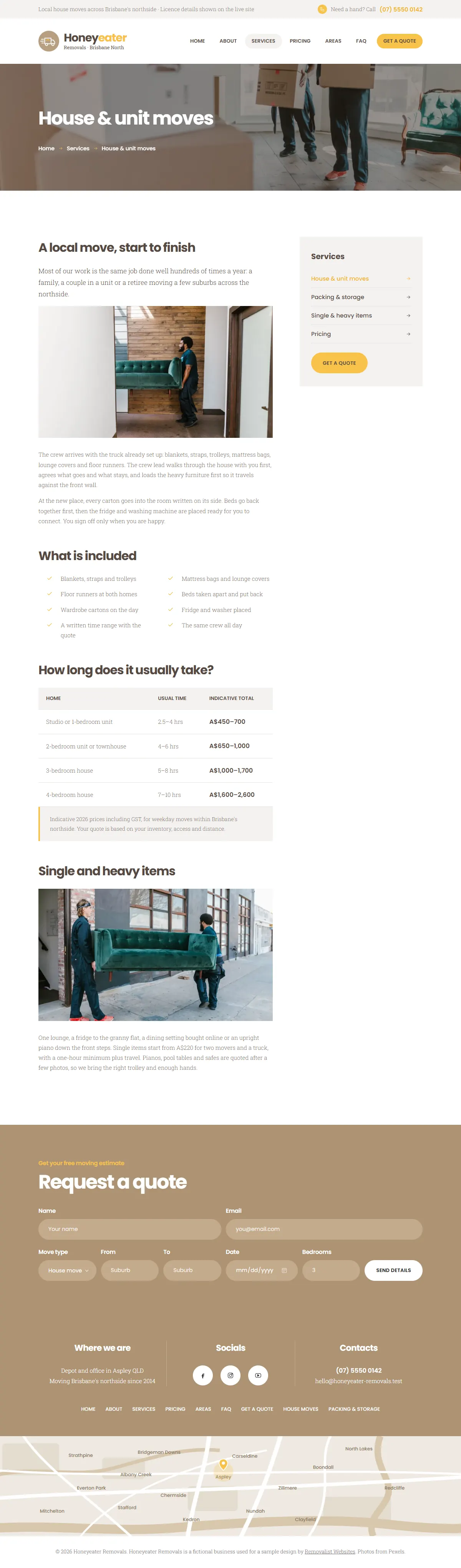 The house moves page of the Honeyeater Removals removalists website design