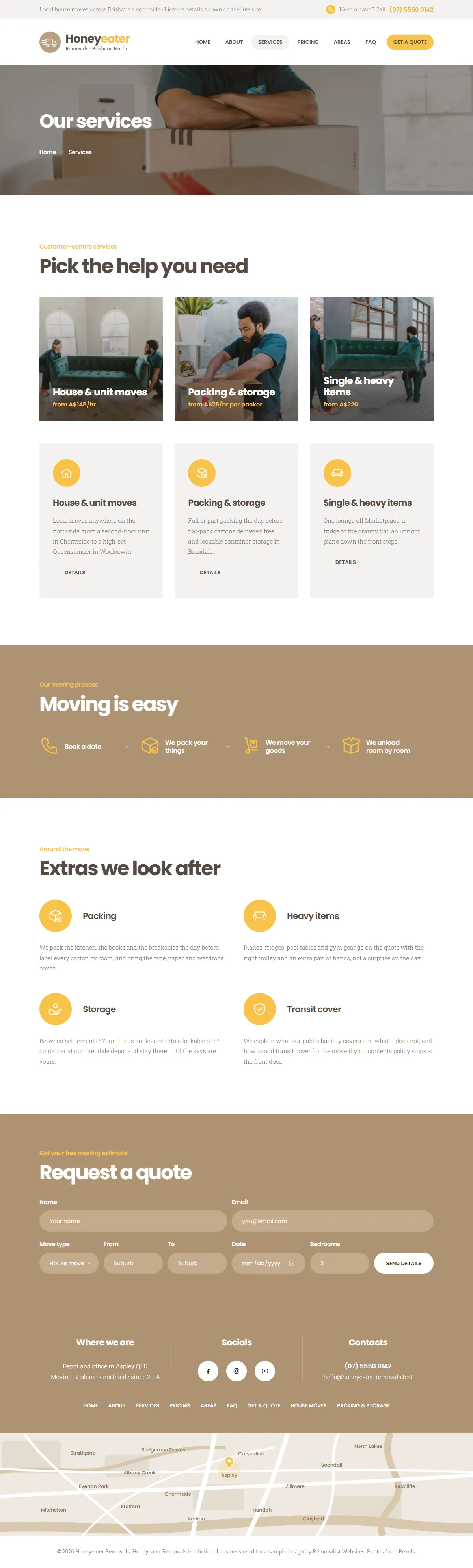 The services page of the Honeyeater Removals removalists website design