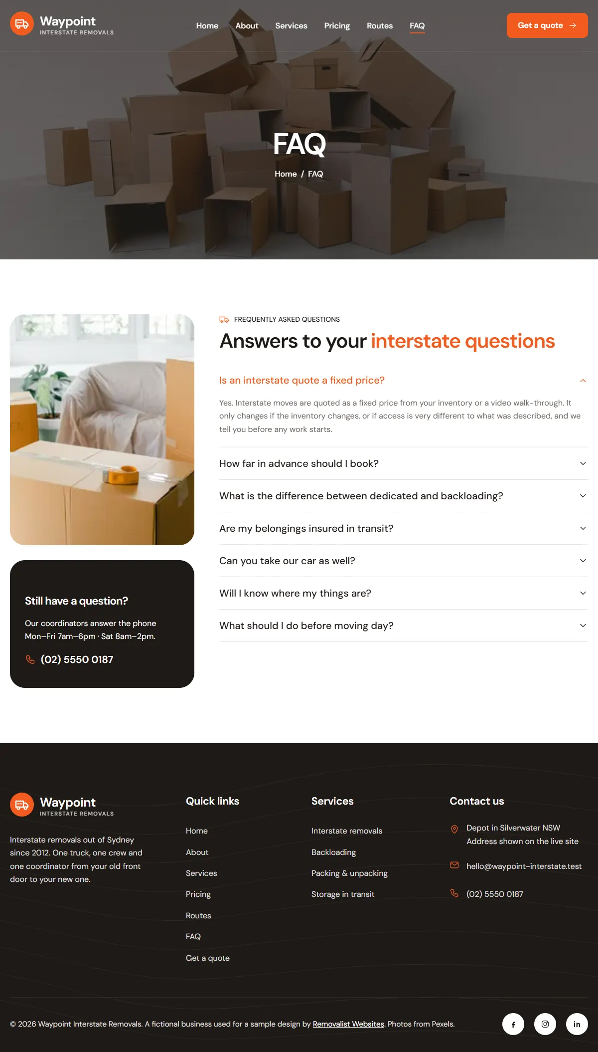 The faq page of the Waypoint Interstate Removals removalists website design