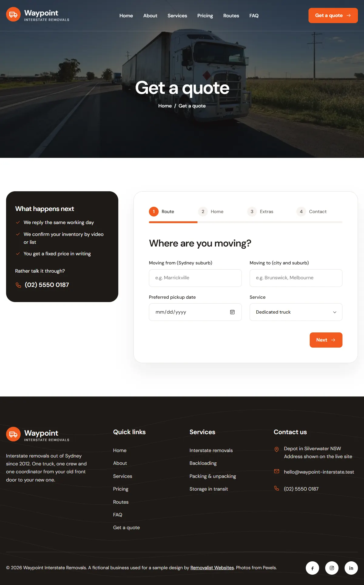 The quote page of the Waypoint Interstate Removals removalists website design