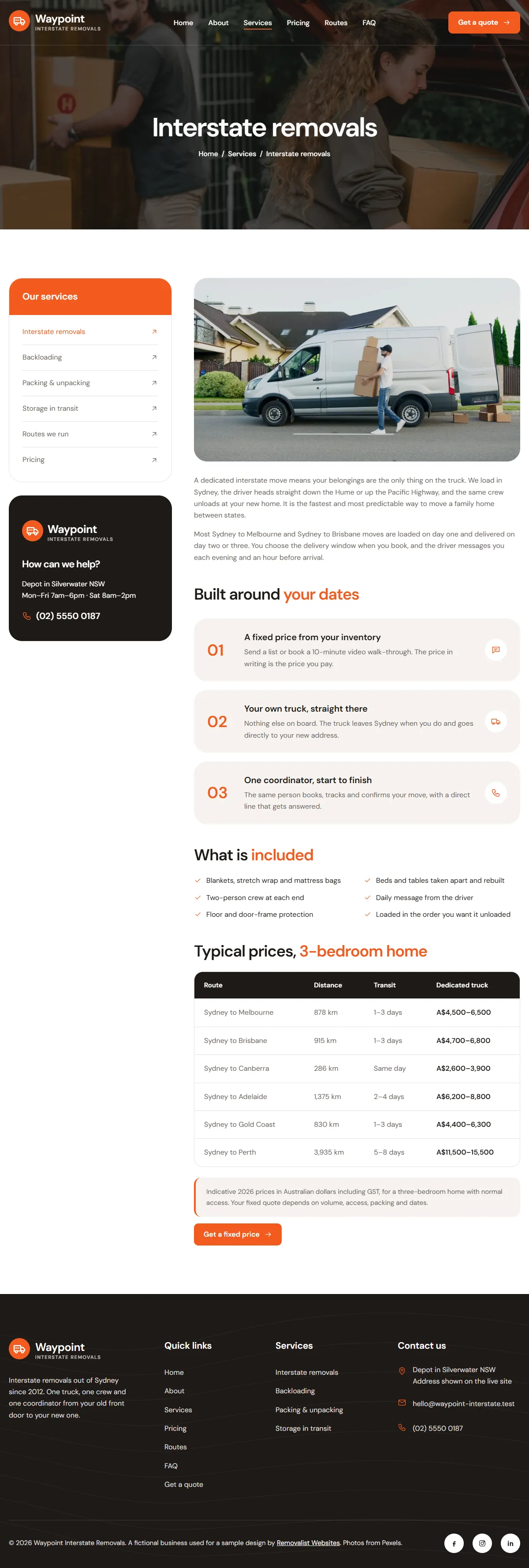 The interstate removals page of the Waypoint Interstate Removals removalists website design