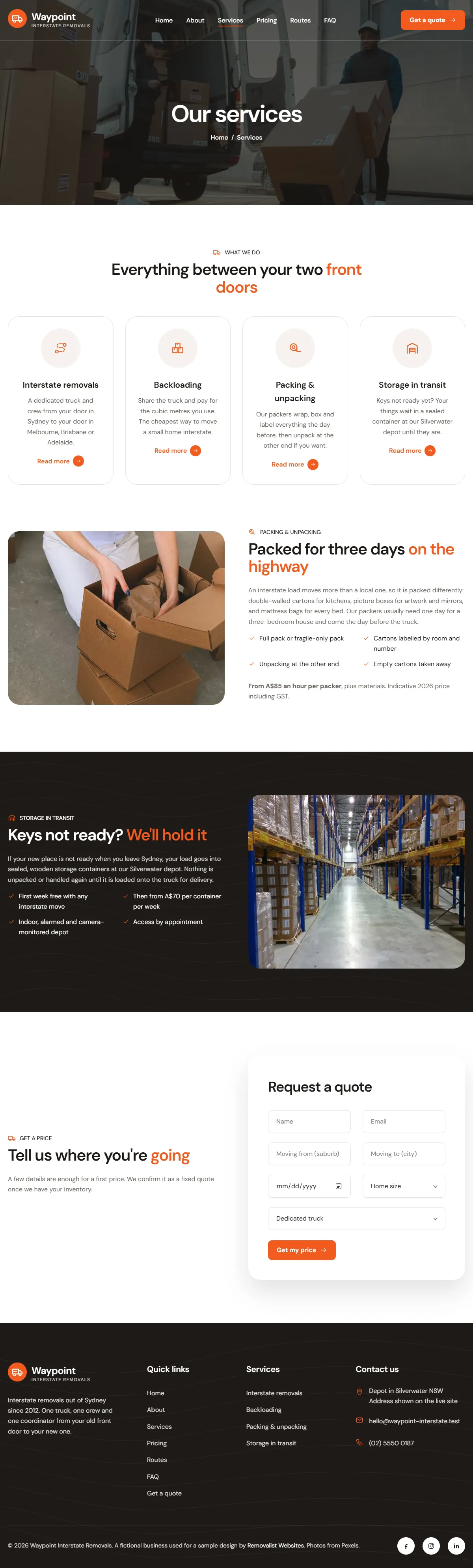 The services page of the Waypoint Interstate Removals removalists website design