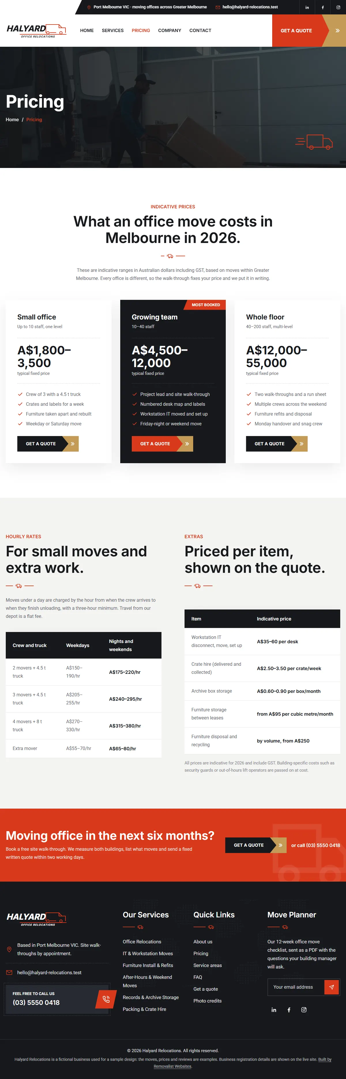 The pricing page of the Halyard Relocations removalists website design