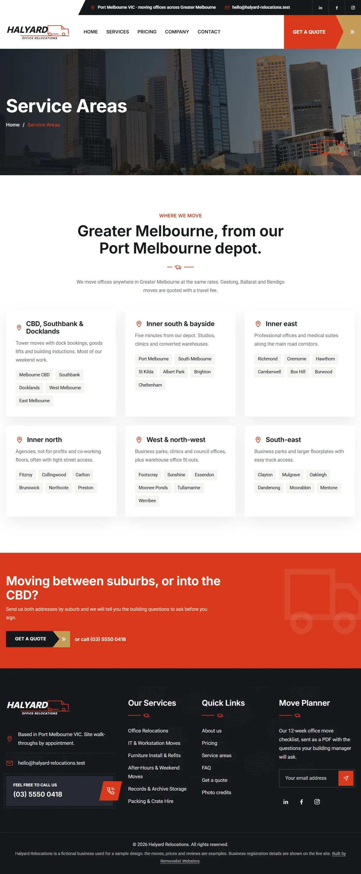 The service areas page of the Halyard Relocations removalists website design