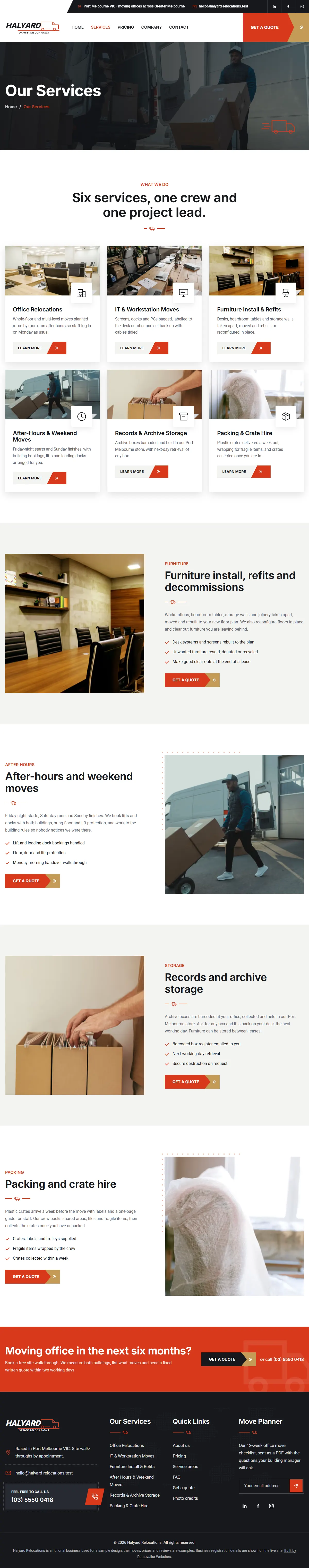 The services page of the Halyard Relocations removalists website design