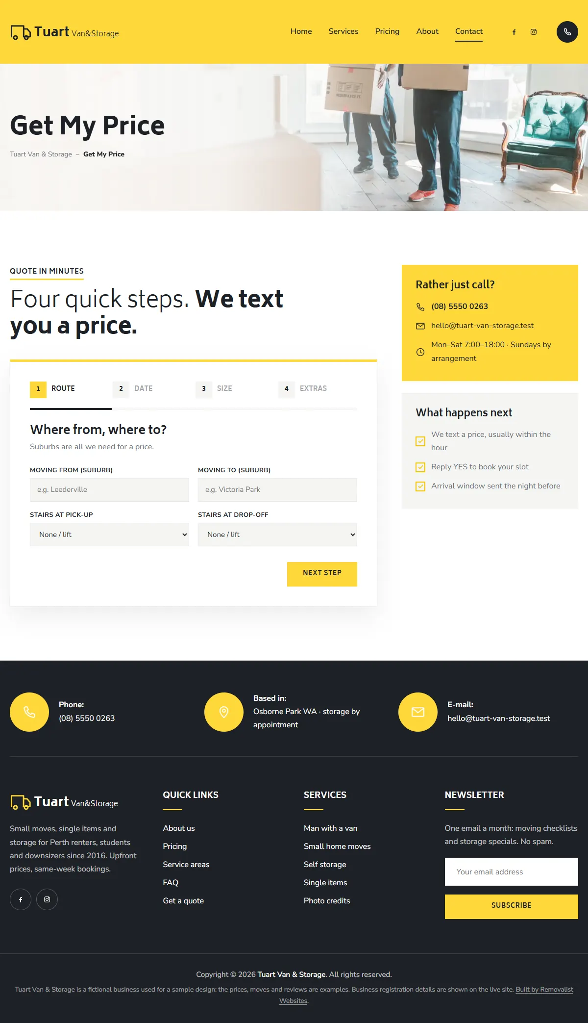 The get a quote page of the Tuart Van & Storage removalists website design