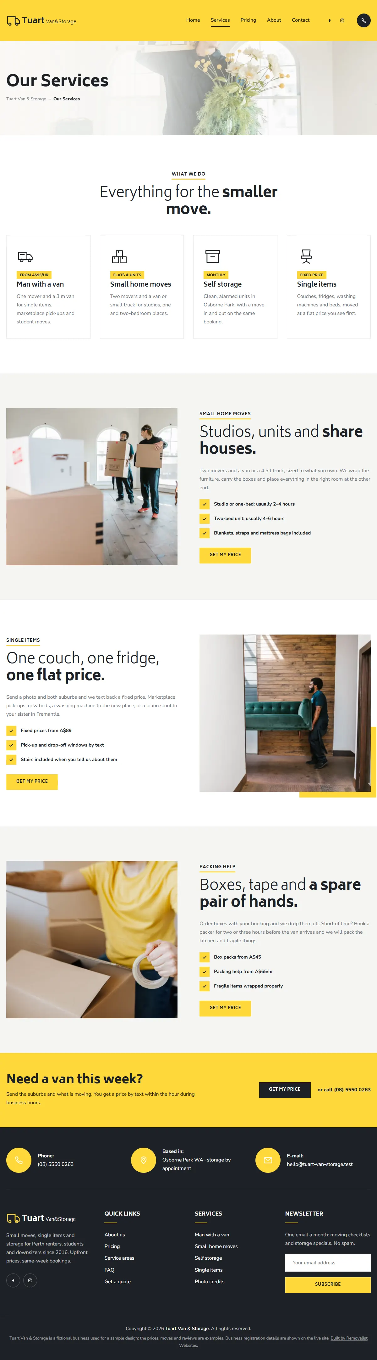 The services page of the Tuart Van & Storage removalists website design