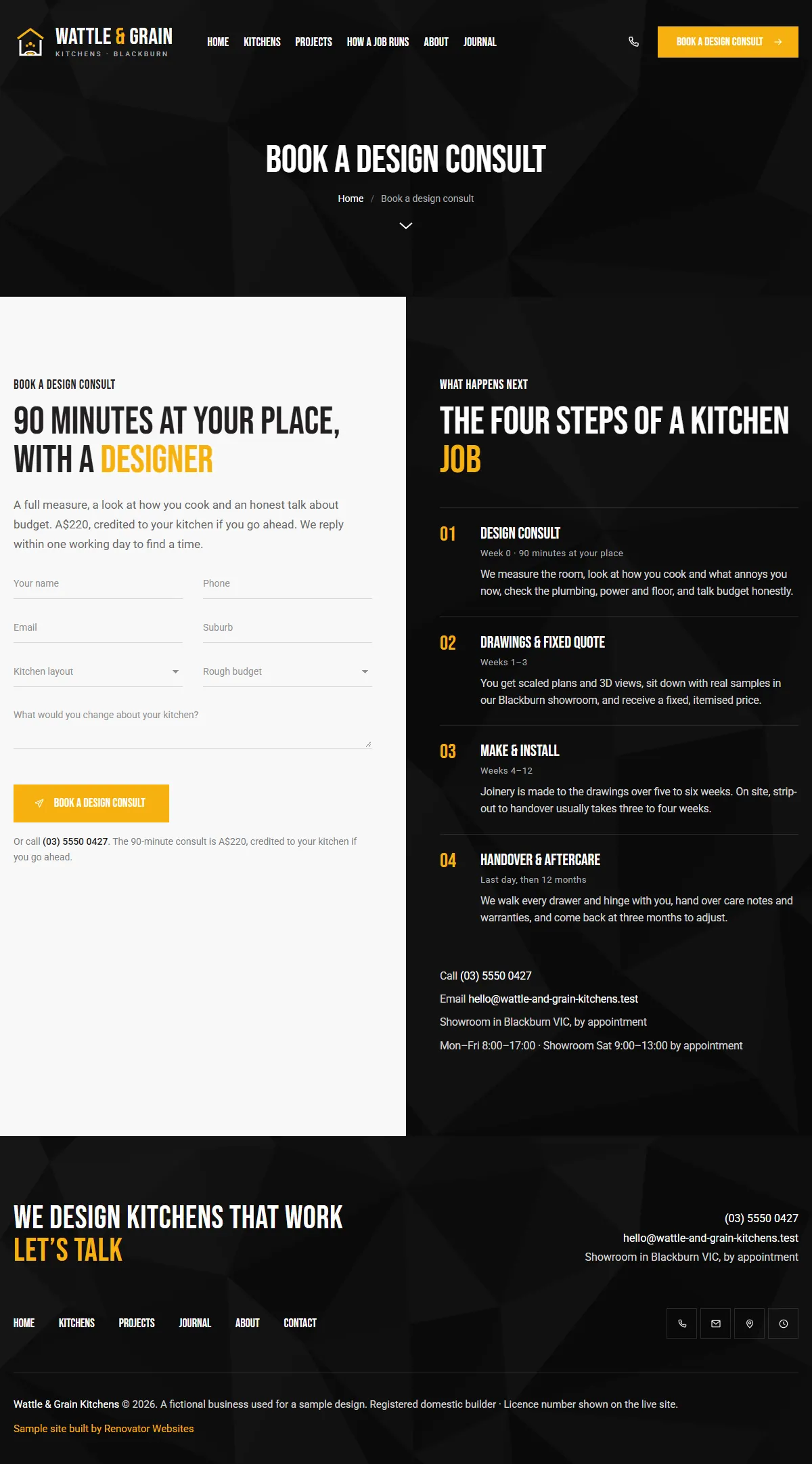 The book a design consult page of the Wattle & Grain Kitchens renovation website design