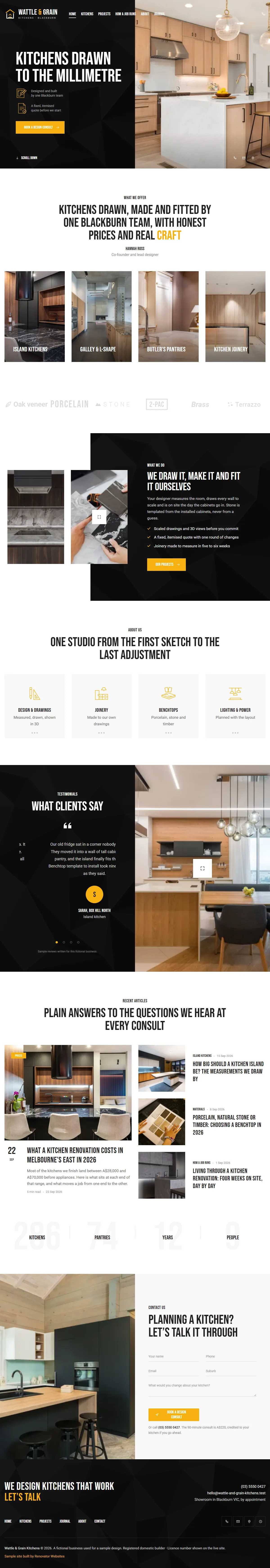 The home page of the Wattle & Grain Kitchens renovation website design