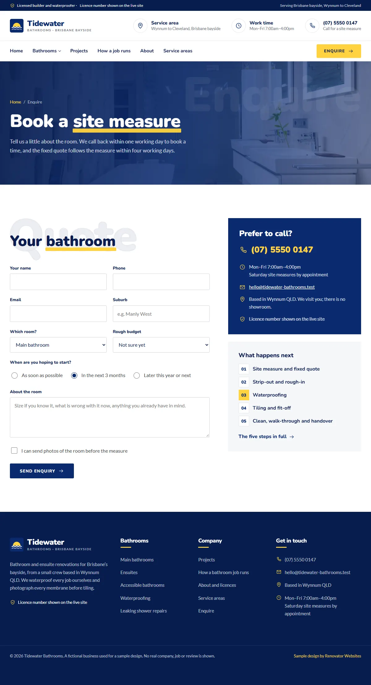 The enquire page of the Tidewater Bathrooms renovation website design