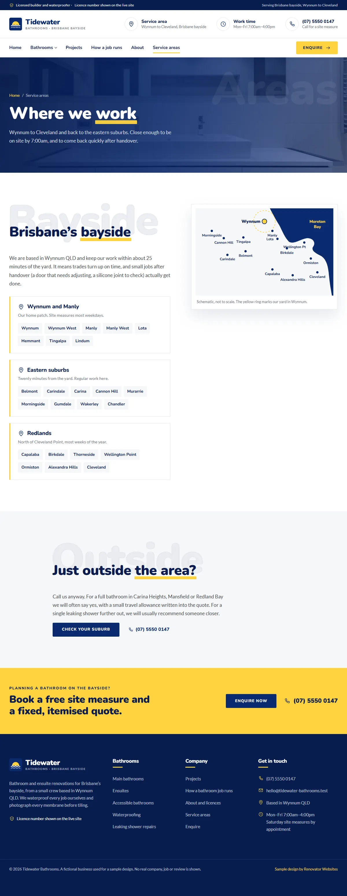 The service areas page of the Tidewater Bathrooms renovation website design
