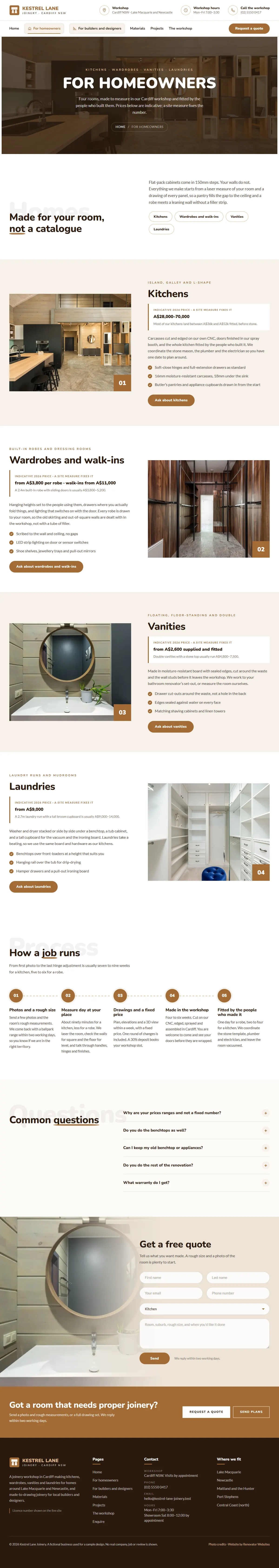 The for homeowners page of the Kestrel Lane Joinery renovation website design