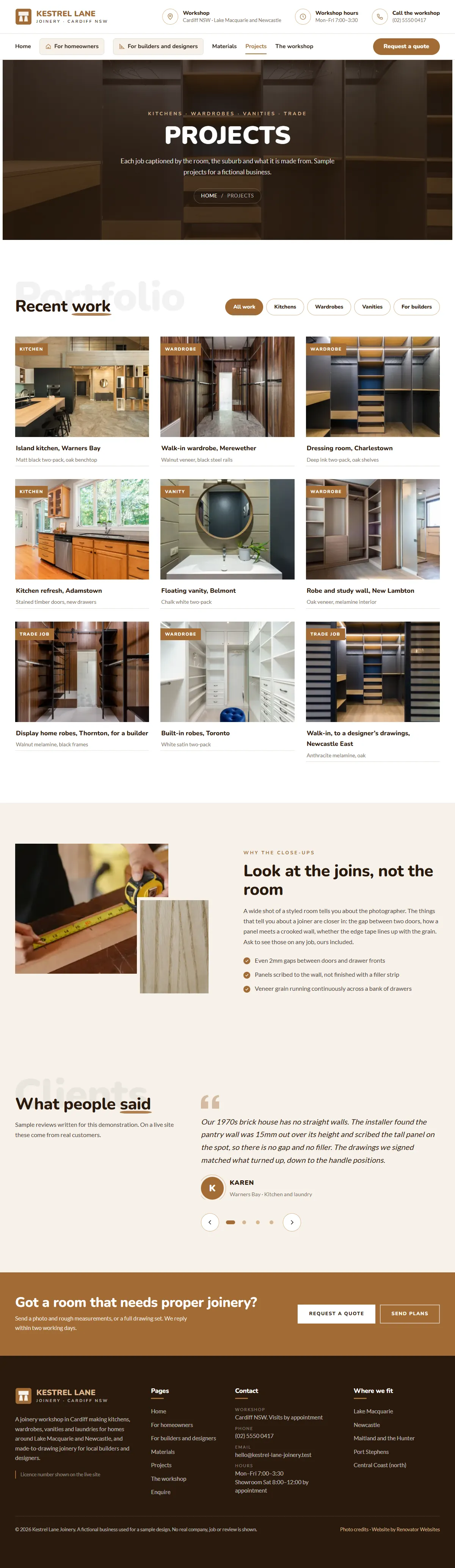 The projects page of the Kestrel Lane Joinery renovation website design