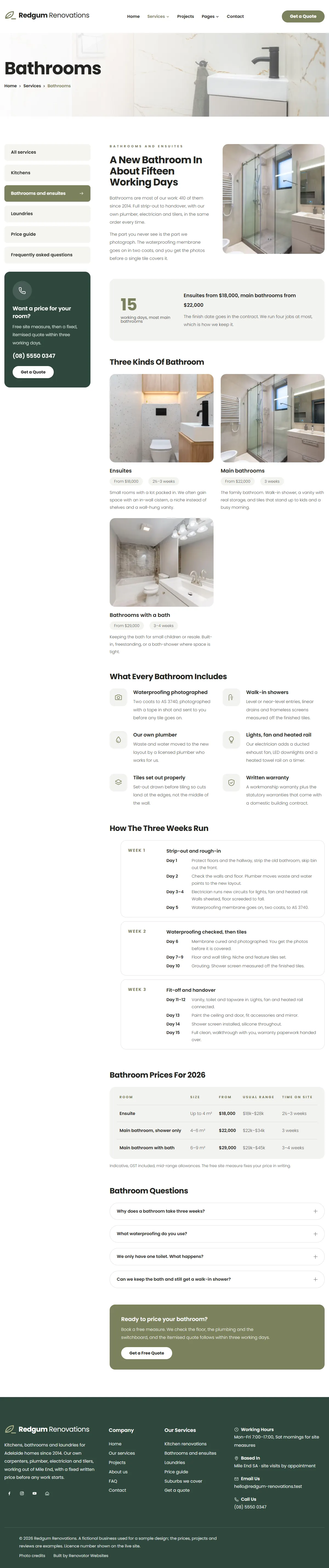 The bathrooms page of the Redgum Renovations renovation website design