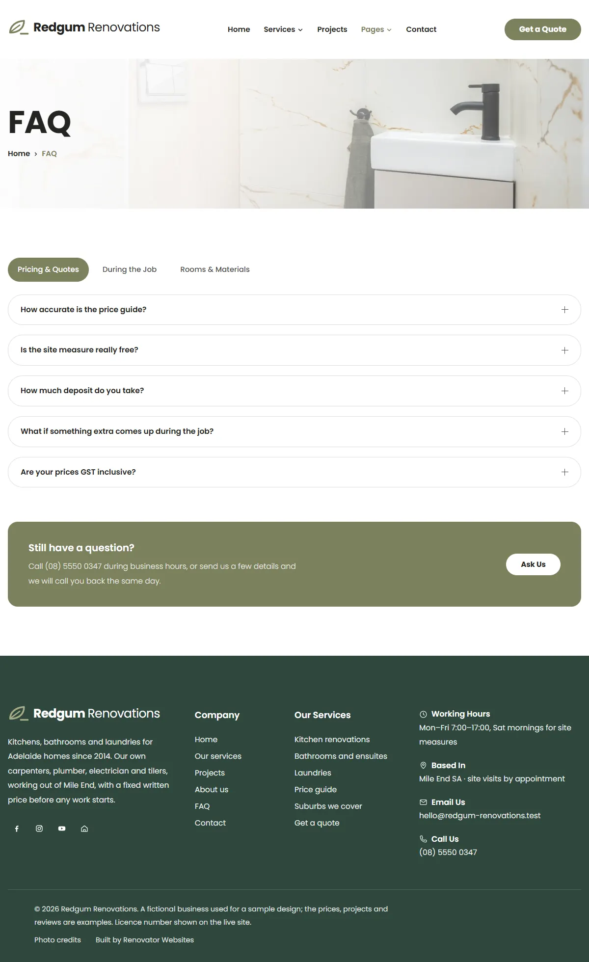 The faq page of the Redgum Renovations renovation website design