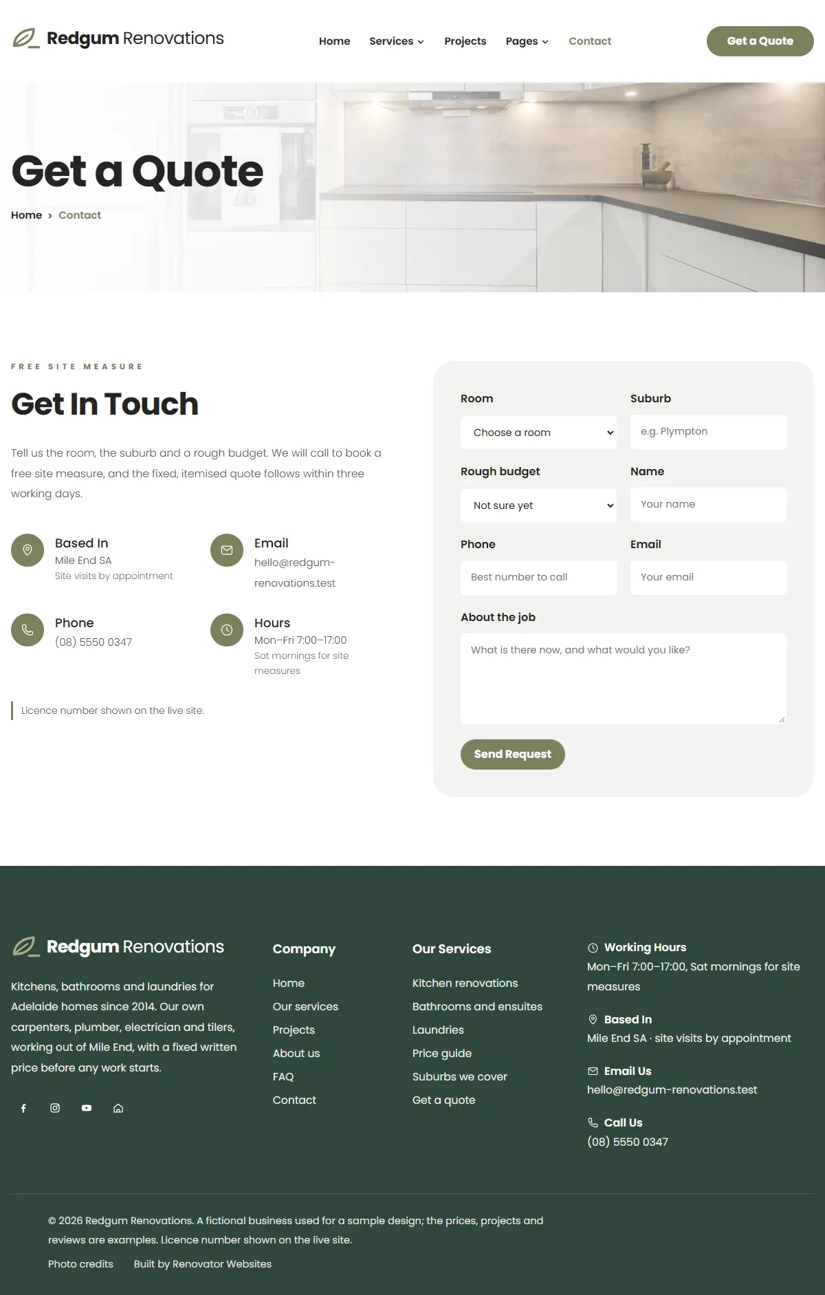 The get a quote page of the Redgum Renovations renovation website design