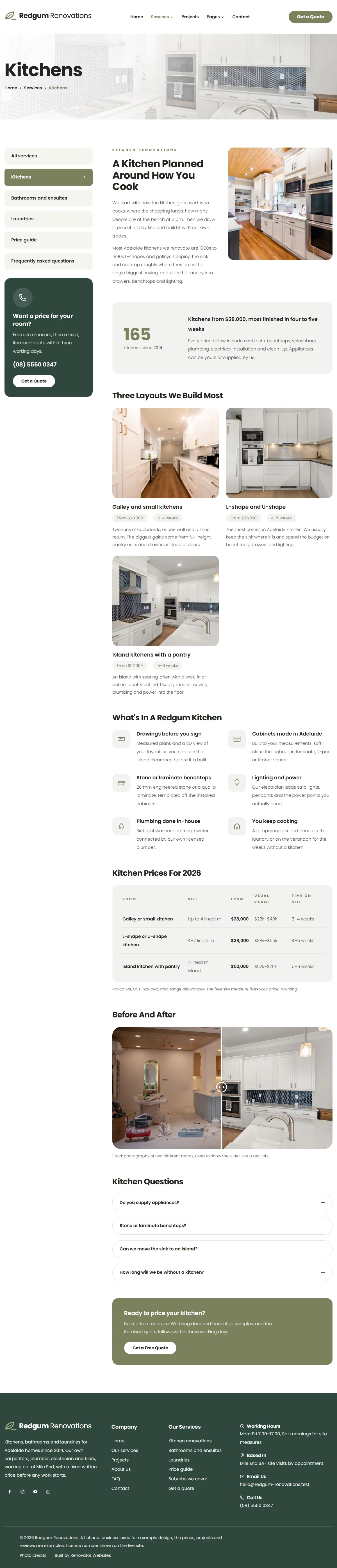 The kitchens page of the Redgum Renovations renovation website design