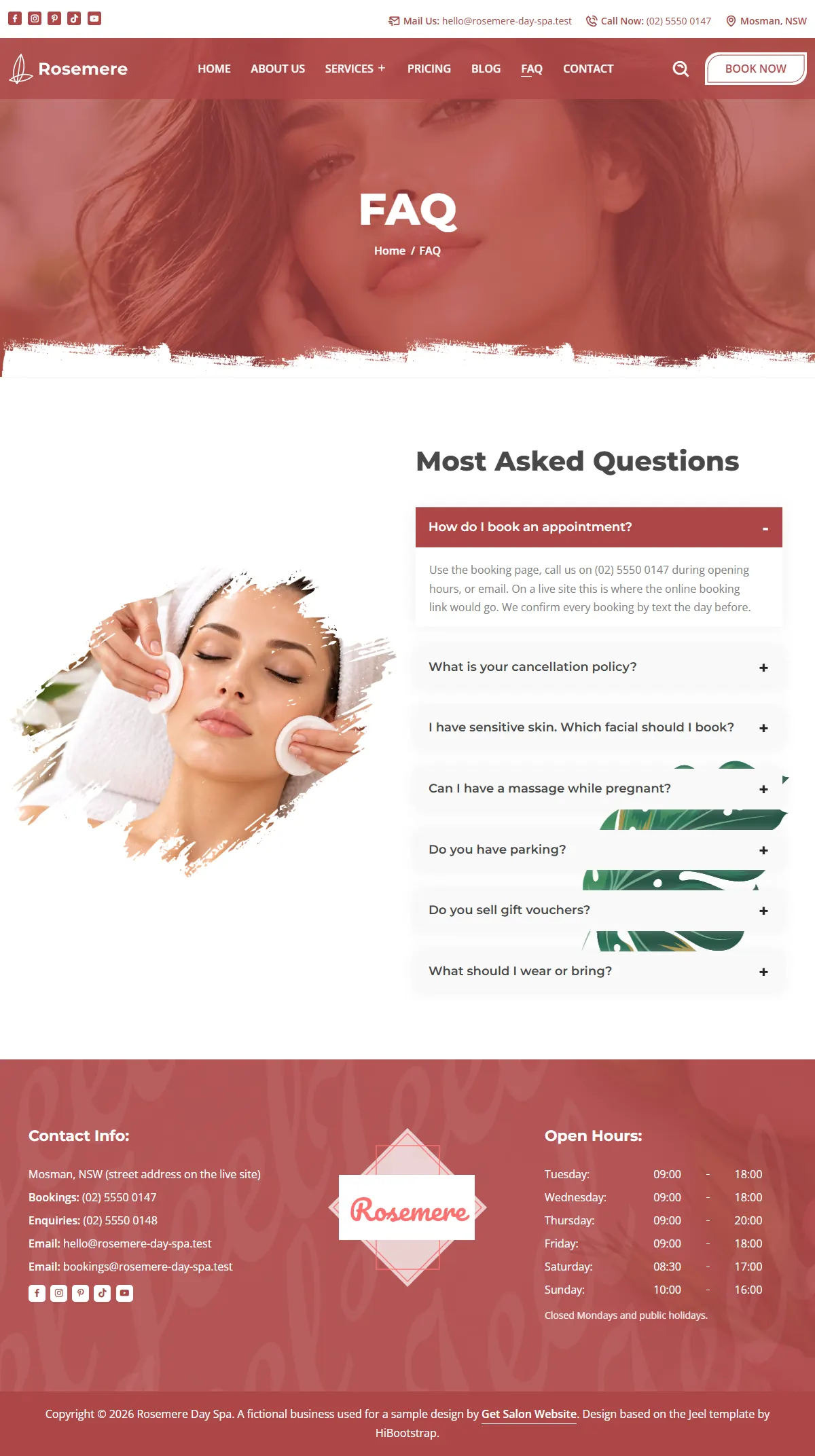 The faq page of the Rosemere Day Spa salons & spas website design