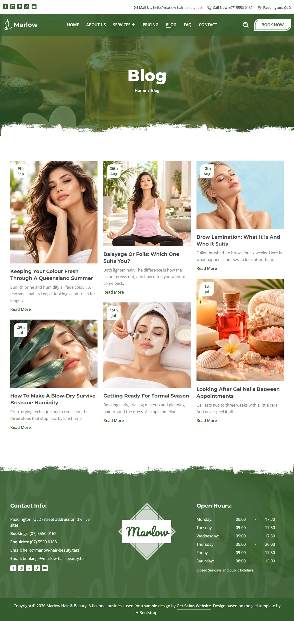 The blog page of the Marlow Hair & Beauty salons & spas website design