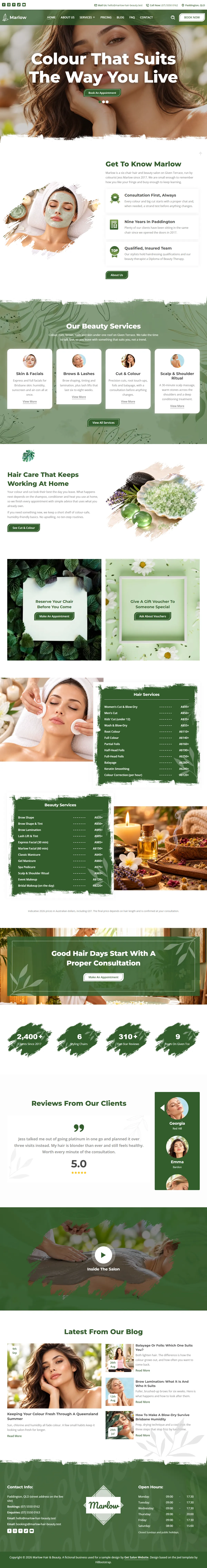 The home page of the Marlow Hair & Beauty salons & spas website design