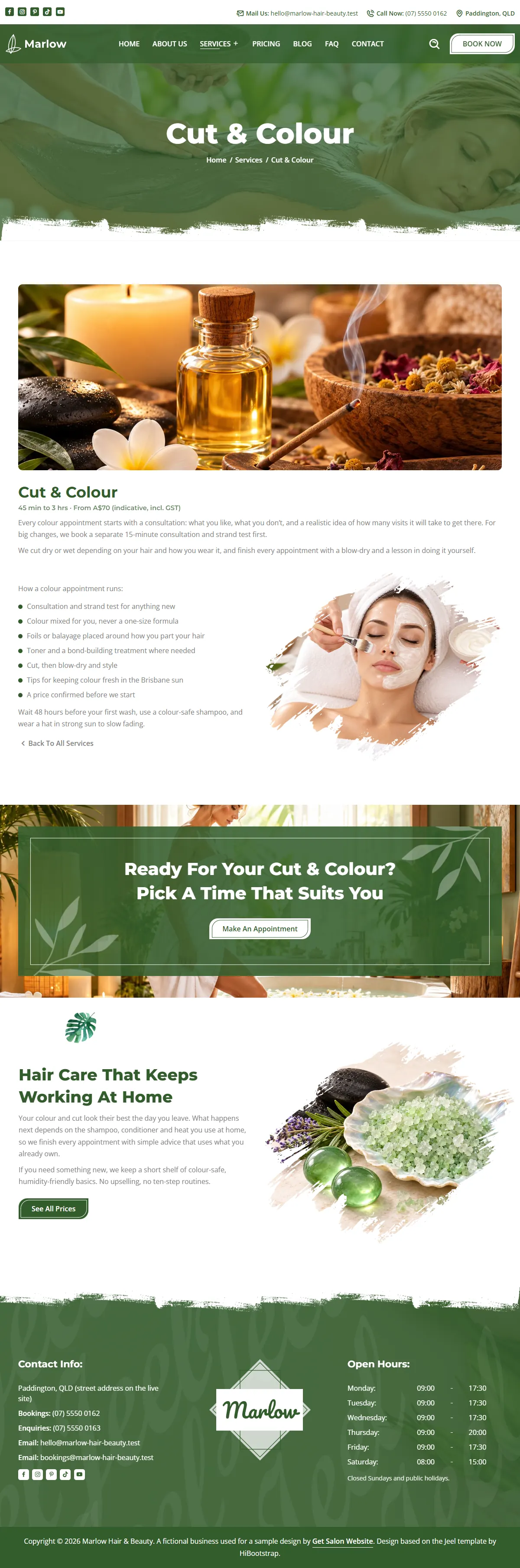 The cut and colour page of the Marlow Hair & Beauty salons & spas website design