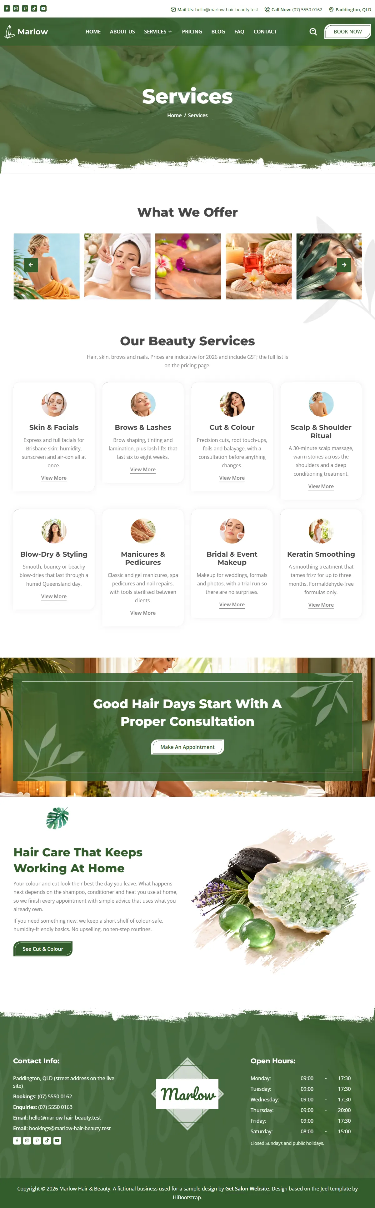 The services page of the Marlow Hair & Beauty salons & spas website design