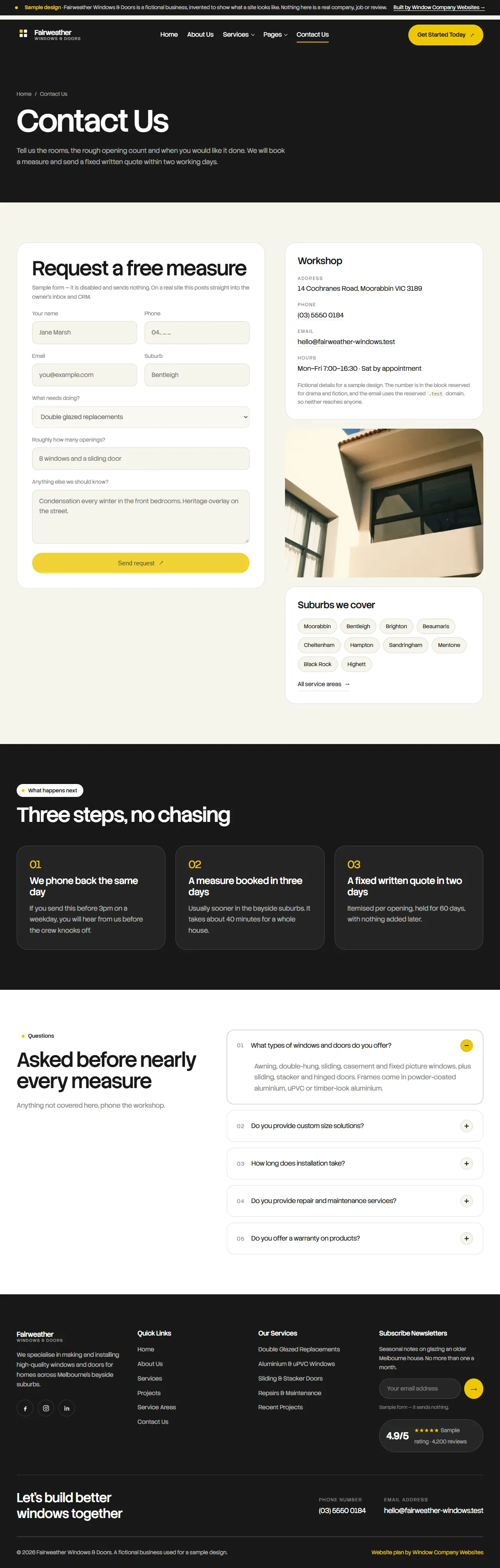 The contact page of the Fairweather Windows & Doors windows & doors website design