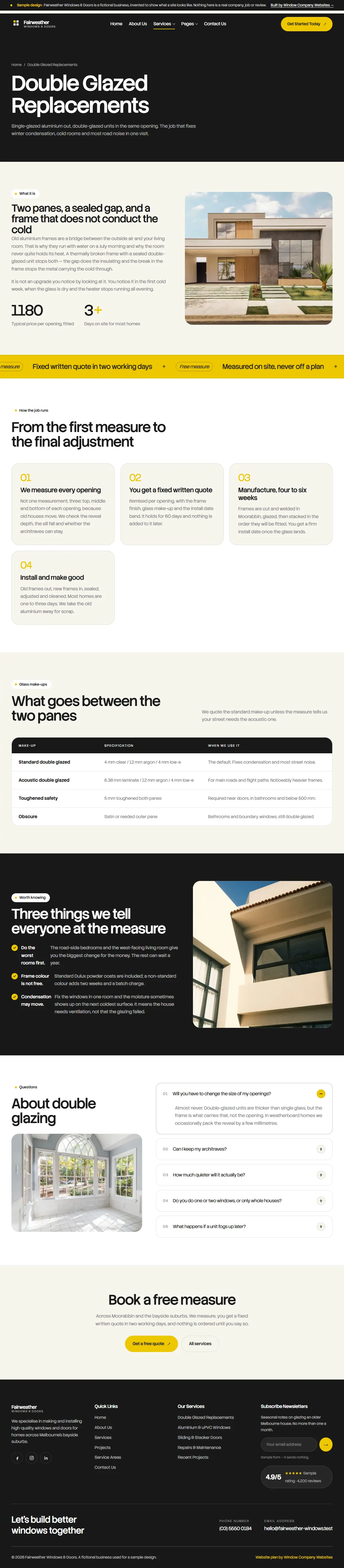 The double-glazed replacements page of the Fairweather Windows & Doors windows & doors website design