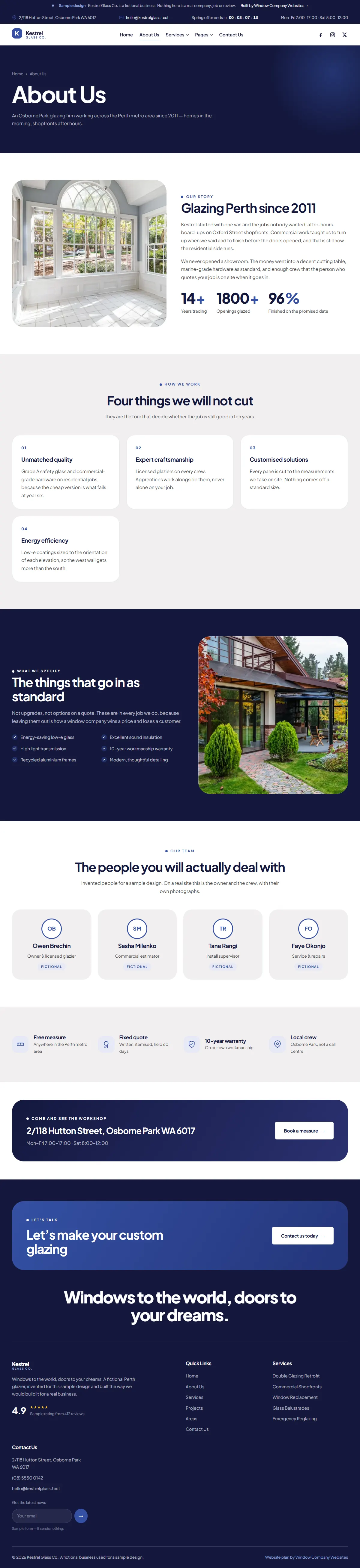 The about page of the Kestrel Glass Co. windows & doors website design