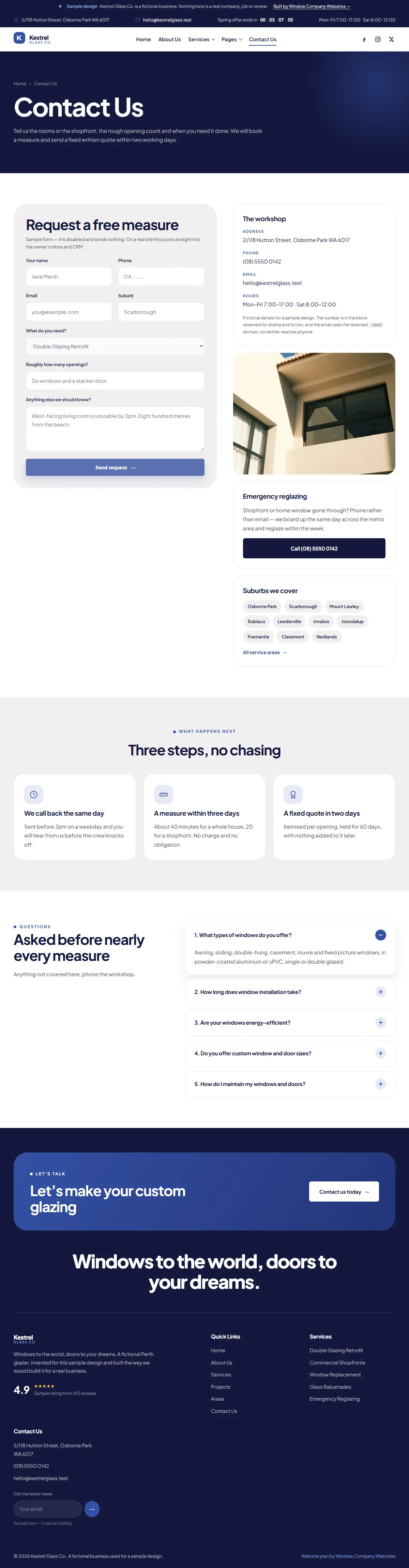 The contact page of the Kestrel Glass Co. windows & doors website design