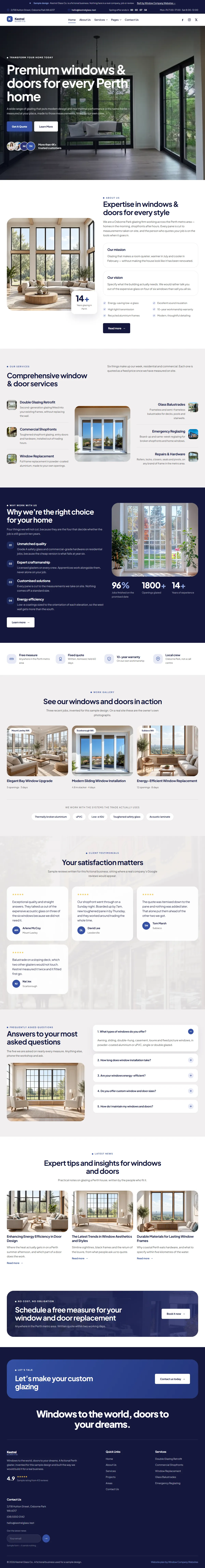 The home page of the Kestrel Glass Co. windows & doors website design
