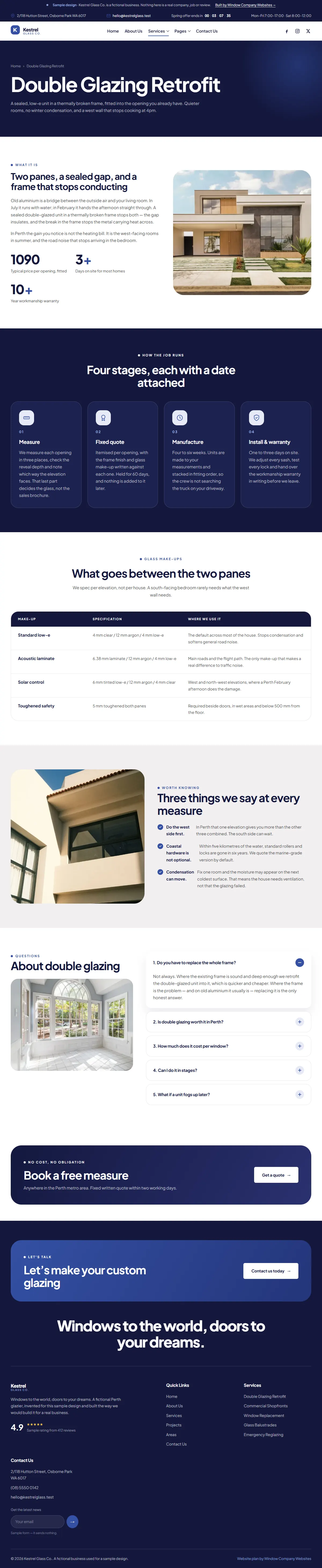 The double glazing retrofit page of the Kestrel Glass Co. windows & doors website design