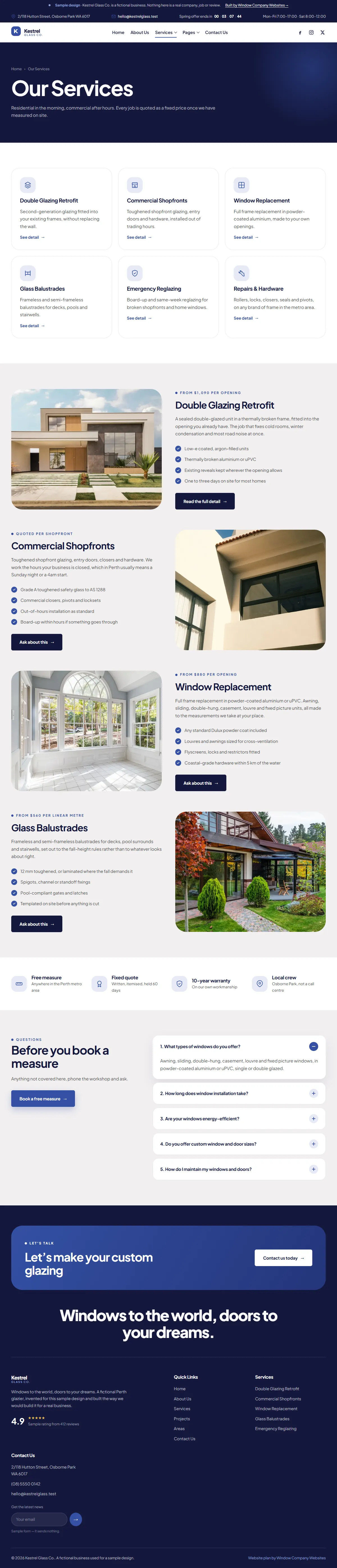 The services page of the Kestrel Glass Co. windows & doors website design
