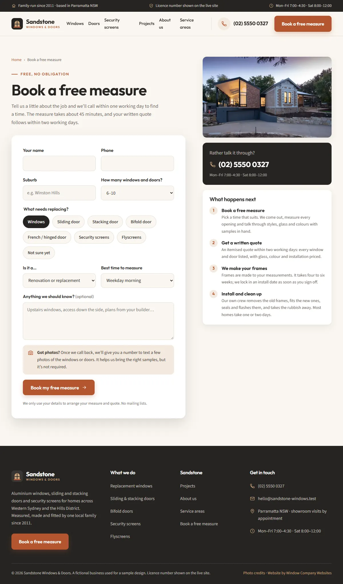 The book a free measure page of the Sandstone Windows & Doors windows & doors website design